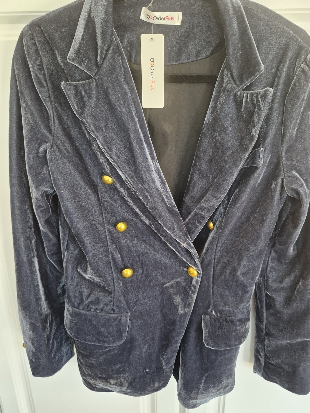NWT Order Plus Women's Double-Breasted Velvet Blazer Deep Blue Gold Buttons MED